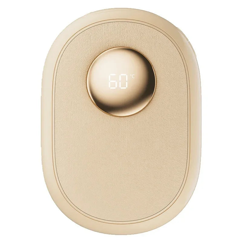 Bombom rechargeable digital hand warmer in beige with LED temperature display showing 60 degrees