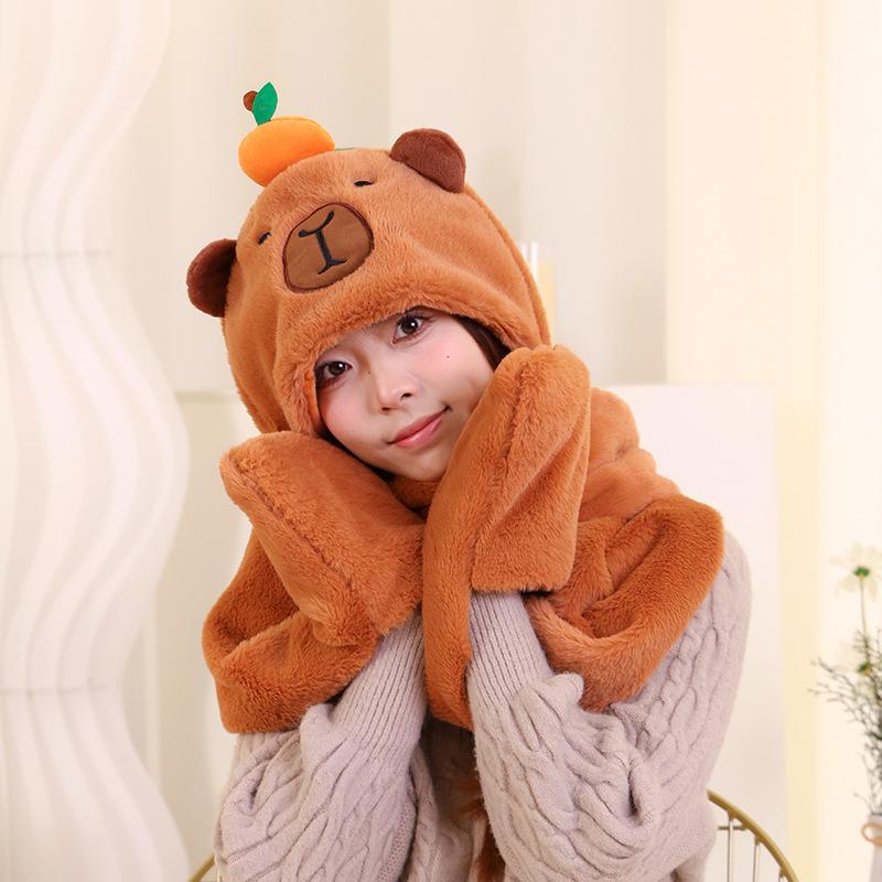 Winter Hat Scarf Gloves Set Rabbit Ears Hooded 3 Piece Kids