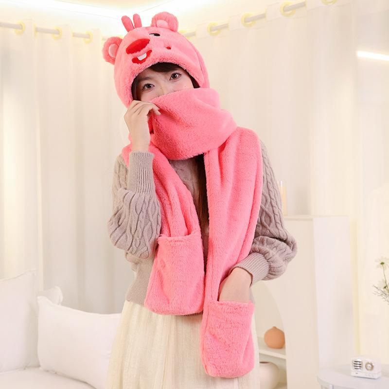 Winter Hat Scarf Gloves Set Rabbit Ears Hooded 3 Piece Kids