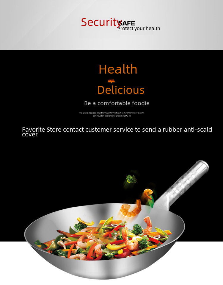 Factory Direct 430 Stainless Steel Wok Food Grade Thickened Non-Sticky Non-Coated Round Bottom Commercial Household Pot