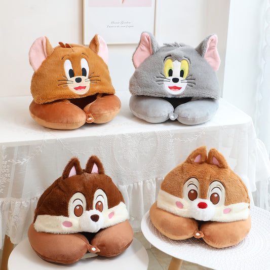 Cute Chipmunk Plush Hooded U Shaped Neck Pillow Travel